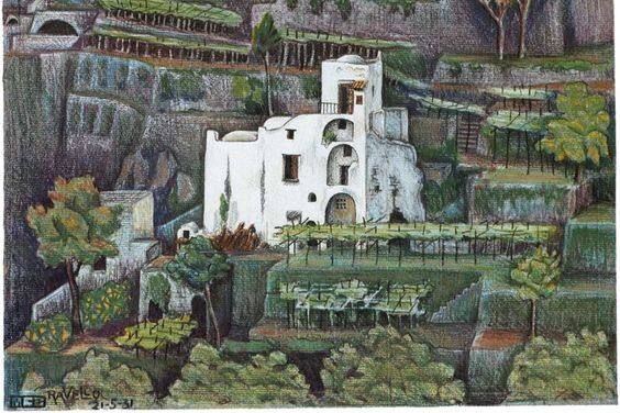 The fortified house, still standing today, and an Escher depiction of a house on the Amalfi Coast.